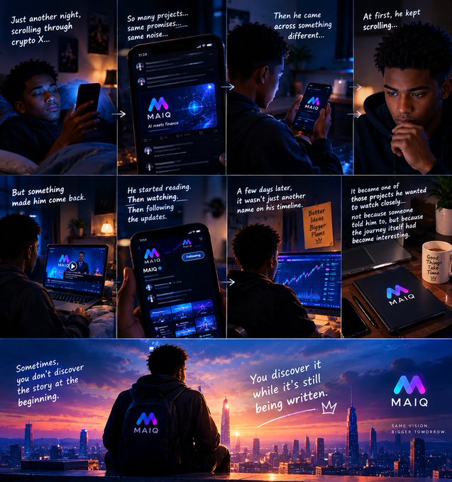 A comic strip-style promotional graphic for 'MAIQ' telling a story across multiple panels about discovering a crypto project, ending with the tagline 'SAME VISION BIGGER TOMORROW'.
