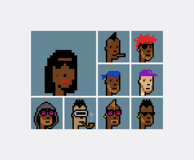 A pixel art collage features a central portrait of a dark-skinned woman with long black hair, surrounded by smaller portraits showcasing various hairstyles and accessories including blue hair, red hair, a purple cap, headphones, sunglasses, and a pipe.