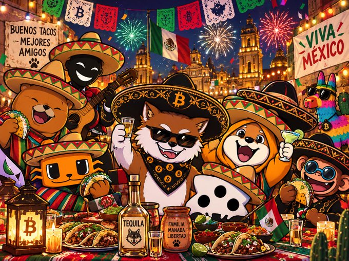 A colorful, busy digital illustration features cartoon dogs in sombreros celebrating with tacos, tequila, fireworks, and Mexican flags, with text reading 'BUENOS TACOS MEJORES AMIGOS', 'VIVA MEXICO', and 'TEQUILA FAMILIA MANADA LIBERTAD'.