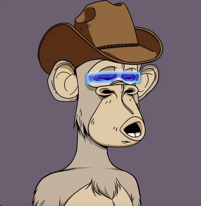 A cartoon illustration of a monkey wearing a brown cowboy hat and futuristic blue LED sunglasses against a purple background.
