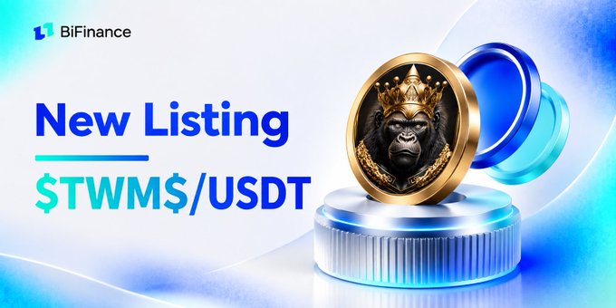 A BitFinance promotional graphic announcing a 'New Listing' for the $TWMS/USDT trading pair, featuring a gorilla wearing a crown.