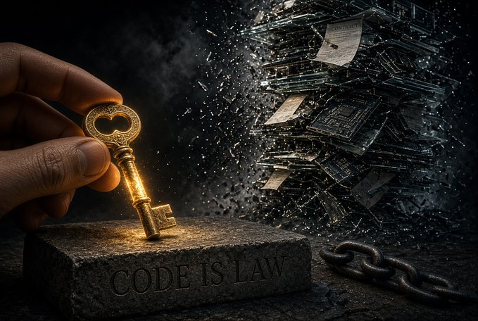 A hand holds an ornate golden key above a stone block engraved with "CODE IS LAW," while shattered glass and chains fly through the air in the dark background.