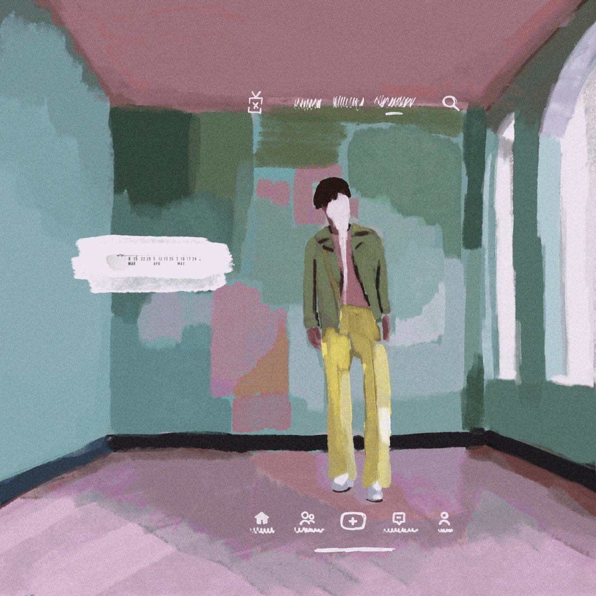 The image features an artist's drawing of a man standing in a room with green walls, white trim, and pink carpeting. The man appears to be wearing a jacket and pants, giving him a unique appearance. In the bottom right corner of the image, there is text that reads "Gm Traptraprap got a bid from legend @iamcfw current bid 404 xtz - 23 hours". This suggests that the artist has been hired by someone named Gm Traptraprap to create this drawing for an advertisement or promotional material.
