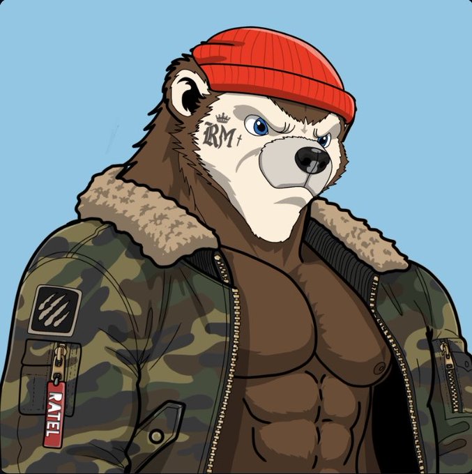An illustration of an anthropomorphic muscular bear character wearing a red beanie and camo jacket with a fur collar, featuring 'RM+' tattooed on its face and 'RATE1' on a jacket tag.