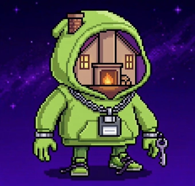 A pixel art character wearing a green hoodie where the face is a cozy house interior with a fireplace, holding a key, set against a starry purple space background.