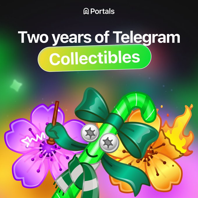 A promotional graphic from "Portals" celebrating "Two years of Telegram Collectibles," featuring an animated candy cane character with googly eyes and a green bow, set against purple and yellow flowers with a colorful gradient background. The festive imagery of collectible gifts visually ties into the milestone of Telegram's two-year anniversary of its collectible gifts feature.