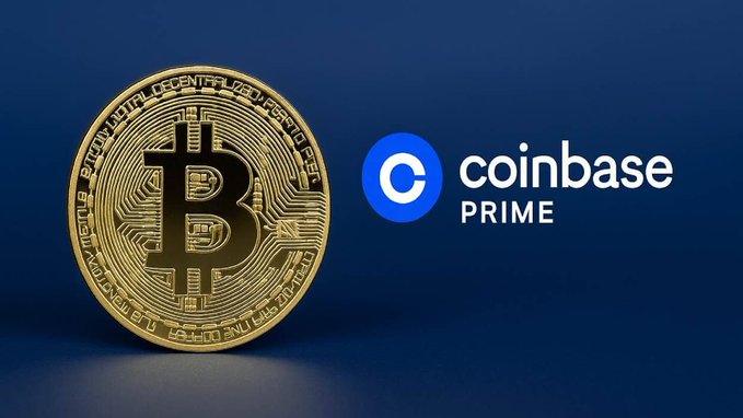 A promotional image showing a gold Bitcoin coin next to the Coinbase Prime logo on a dark blue background.