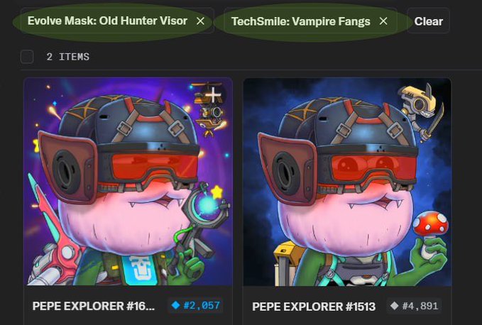 A dark-themed NFT marketplace interface showing two PEPE EXPLORER collectibles (#16 and #1513) with filters for 'Evolve Mask: Old Hunter Visor' and 'TechSmile: Vampire Fangs'.