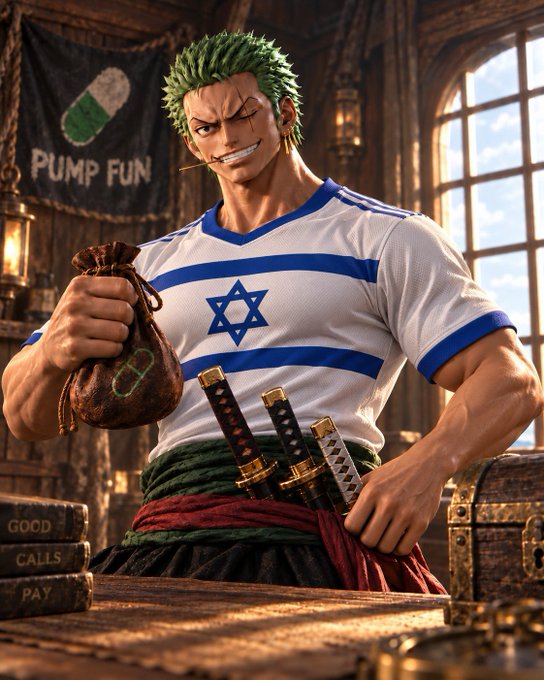 An anime-style illustration of Zoro from One Piece wearing a white shirt with blue stripes and the Star of David, holding a leather pouch in front of a 'PUMP FUN' banner.