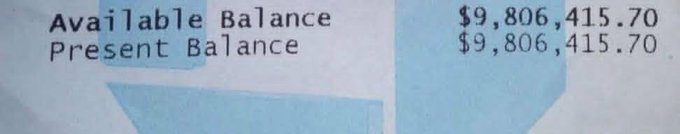 A bank statement or account receipt displays an "Available Balance" and "Present Balance" of $9,806,415.70 each, showing that the full amount is currently accessible. The caption aligns with the "manifest this" post, suggesting the image represents the visualization of financial abundance.