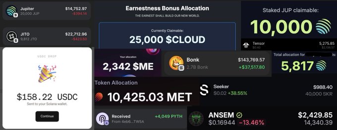 The image shows a crypto wallet dashboard displaying various tokens and airdrop earnings, including $158.22 USDC being sent to a Solana wallet, 25,000 $CLOUD in claimable tokens, $2,342 $ME, 10,425.03 $MET, along with holdings in JUP, JTO, ANSEM, SKR, and Bonk. This visually represents the post's claim about earning approximately $200k in free airdrops through active participation in the Solana ecosystem over the past five years.