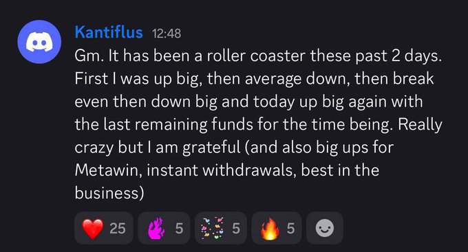A Discord message from user "Kantiflus" at 12:48 describes a volatile gambling experience with big ups and downs, praising MetaWin for instant withdrawals, with the post highlighting a $284k win and $300k weekend giveaway as evidence of MetaWin's reliability.