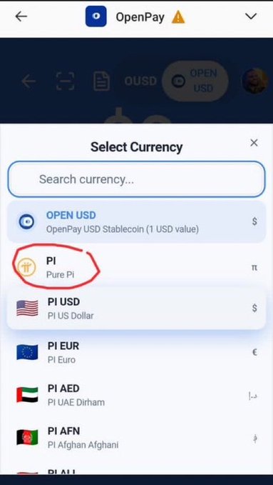 The image shows OpenPay's "Select Currency" menu where "PI - Pure Pi" (circled in red) appears as a newly added currency option alongside other Pi-denominated stablecoins like PI USD, PI EUR, PI AED, and PI AFN, visually highlighting the development referenced in the post about Pi's growing ecosystem and real-world payment utility.