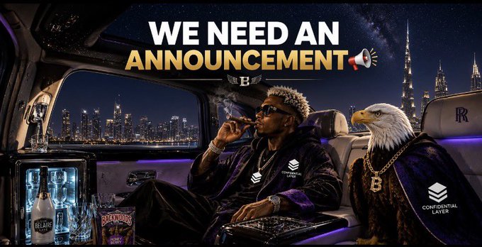 A promotional image with the text 'WE NEED AN ANNOUNCEMENT' featuring a man in sunglasses smoking a cigar and an eagle wearing a gold chain, both seated in a luxury vehicle against a city skyline.