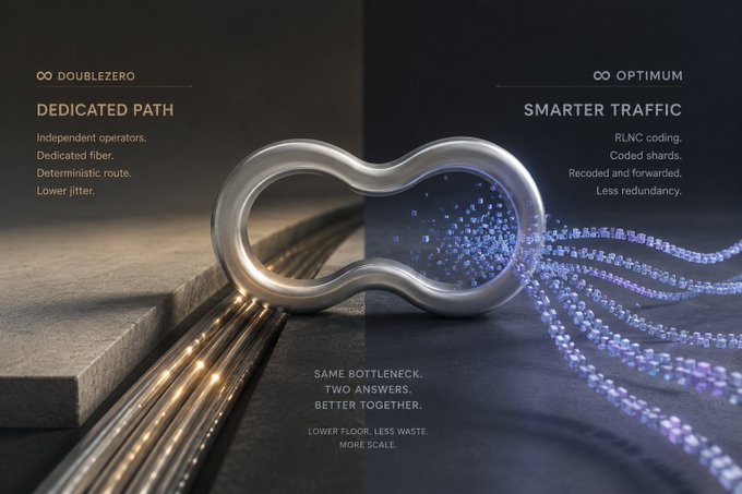 A promotional image contrasting 'DOUBLEZERO DEDICATED PATH' with 'OPTIMUM SMARTER TRAFFIC', featuring a metallic figure-eight shaped object with the tagline 'SAME BOTTLENECK. TWO ANSWERS. BETTER TOGETHER.'