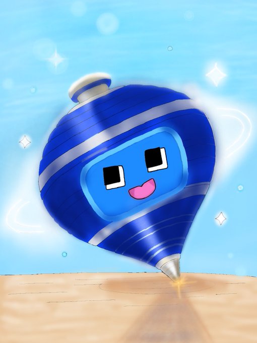 A cute, cartoonish blue spinning top character with a smiling face is shown spinning on the ground, perfectly capturing the playful, energetic vibe of the post about "Dili" waking up spinning and bringing that same lively energy. The artwork by @yajs_a brings the cheerful, animated mascot of @DlicomApp to life in a fun, whimsical style.