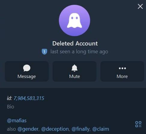 A profile screen for a 'Deleted Account' on a messaging app, showing 'last seen a long time ago,' with options to Message, Mute, or access More, and the user id 7,984,583,315.