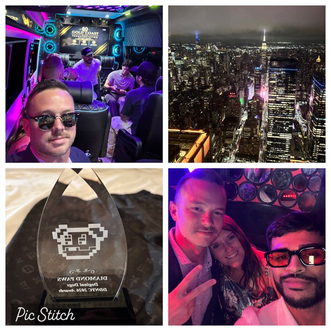 A four-photo collage showing a party bus interior, nighttime city views of NYC, a diamond kings trophy, and a group selfie of people at a nightclub event.