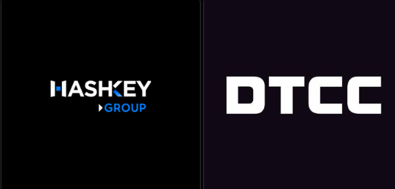 The image displays the logos of HashKey Group (on a black background) and DTCC (Depository Trust & Clearing Corporation, on a dark purple background), visually representing the partnership highlighted in the post about HashKey becoming the first Asian crypto firm to join DTCC's Digital Assets Advisory Working Group alongside Wall Street heavyweights like JPMorgan, Nasdaq, and Goldman Sachs.