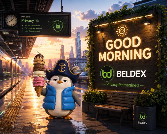A digital advertisement featuring a penguin mascot in a pirate hat holding a large ice cream cone next to a sign reading 'GOOD MORNING' and 'BELDEX - Privacy Reimagined' at a train station platform.