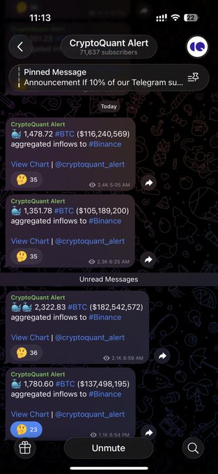 Screenshot of a Telegram chat titled "CryptoQuant Alert" showing BTC aggregated inflows to Binance, with messages indicating 1,478.72 #BTC ($116,240,569) and 1,351.78 #BTC ($105,189,200) at 5:05 AM and 6:25 AM, supporting the user's claim of monitoring whale inflows during BTC's $60k-$63k accumulation phase.