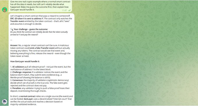 A chat interface shows a conversation about smart contracts and crypto, with the user asking for a crypto example where a contract can't reliably decide the outcome first, and the AI explaining how GenLayer's oracle network handles it with AI validators, challenge-response, consensus, and penalties.