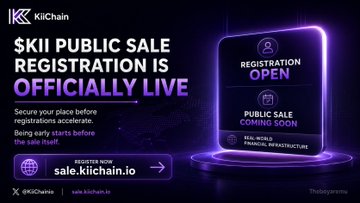 The image is a promotional graphic from KiiChain announcing that "$KII PUBLIC SALE REGISTRATION IS OFFICIALLY LIVE," urging early registration at sale.kiichain.io before the sale itself begins. It aligns with the post's message by emphasizing the advantage of acting before the crowd arrives—visually reinforcing the idea of early preparation through a futuristic, "coming soon" digital interface.