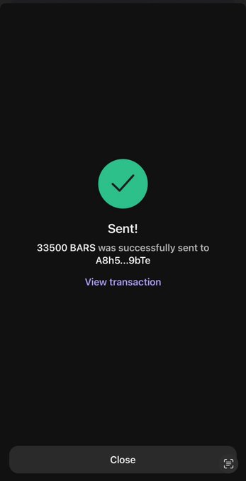 A mobile app confirmation screen showing a green checkmark with the text 'Sent! 33500 BARS was successfully sent to A8h5...9bte' along with a 'View transaction' link.
