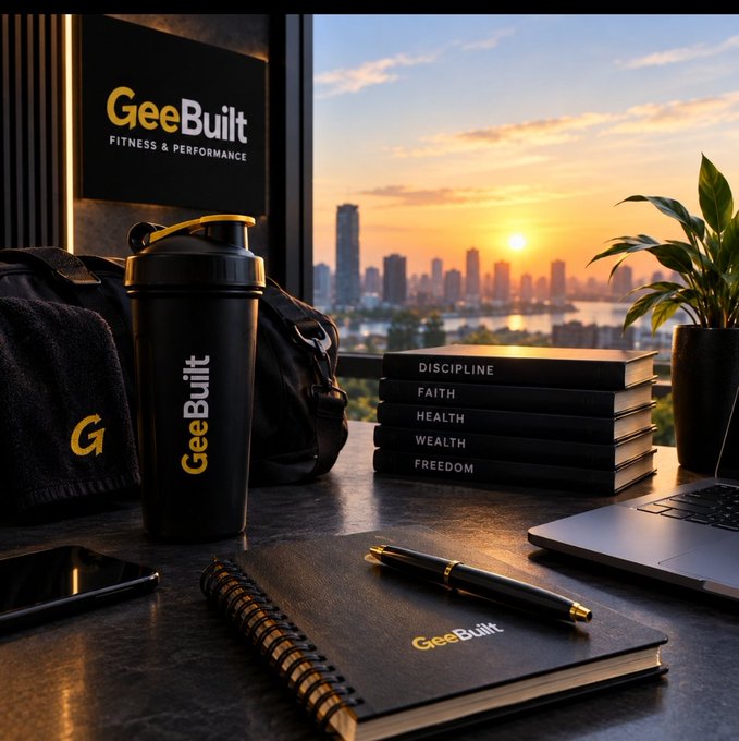 A promotional product photo for 'GeeBuilt Fitness & Performance' featuring a branded shaker bottle, gym bag, and notebook with motivational books labeled 'DISCIPLINE, FAITH, HEALTH, WEALTH, FREEDOM' arranged on a desk overlooking a city skyline at sunset.