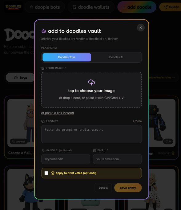 A screenshot of a 'Doodles' web interface featuring a pop-up modal titled 'add to doodles vault' with options to select a platform, upload an image, and enter a prompt.