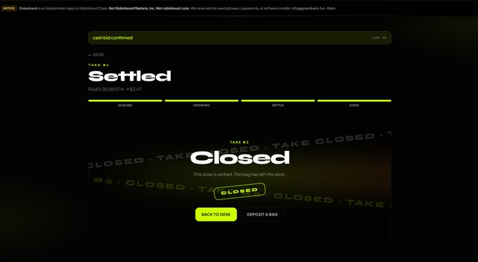 A dark-themed screenshot from Take.bet showing a 'Settled' betting desk with €1.47 paid and €0.00 returned, marked as 'Closed' with 'Take #4'.