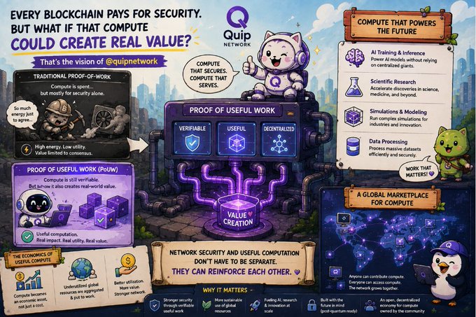 An infographic by Quip Network explaining 'Proof of Useful Work' blockchain concept, contrasting traditional Proof-of-Work with their approach that powers AI, research, and simulations.