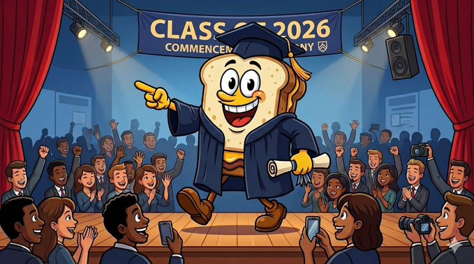 A cartoon piece of toast wearing a graduation cap and gown stands triumphantly on stage, pointing outward while holding a diploma, beneath a banner reading "CLASS OF 2026 COMMENCEMENT." The peanut-butter-and-jelly sandwich mascot cleverly personifies the "PeanutButterJelly ($PJELLY)" token, symbolizing academic and career success—fitting the post's message about an AI Career Suite helping users with resume scoring and professional growth.