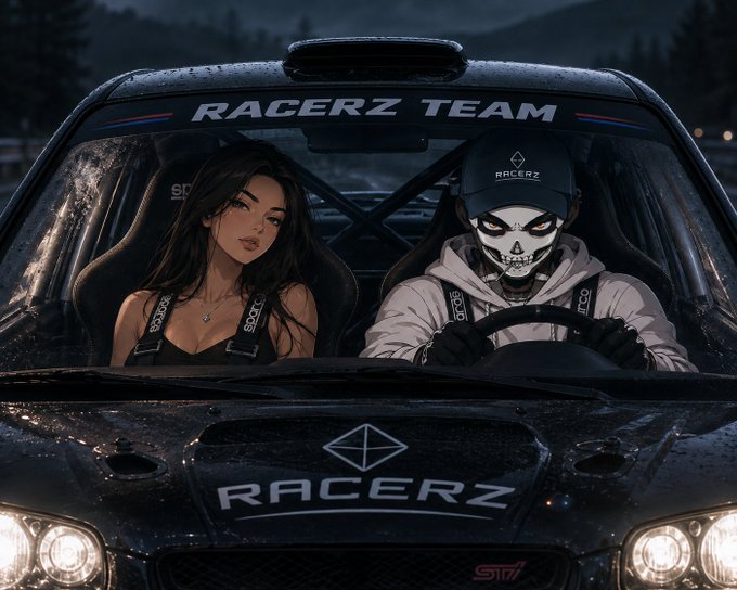 An anime-style illustration depicts a woman in a black top and a skeletal-masked driver in a 'RACERZ TEAM' Subaru STI at night.