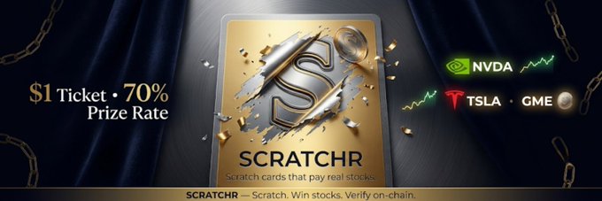 An advertisement for 'SCRATCHR' featuring a gold scratch card, with text reading '$1 Ticket • 70% Prize Rate' and tickers for NVDA, TSLA, and GME.