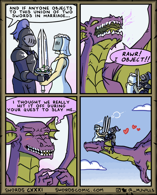 A four-panel comic from Swords CXXXI (swordscomic.com) showing two knights marrying, with the bride's sword revealing itself as a dragon that objects but is won over by their chemistry, ending with them riding off together.