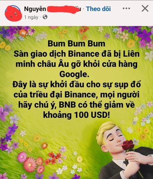 A Vietnamese social media post claiming that Binance exchange was removed by Google in Europe, warning about BNB dropping to ~100 USD, featuring a cartoon image of a man with a rose.