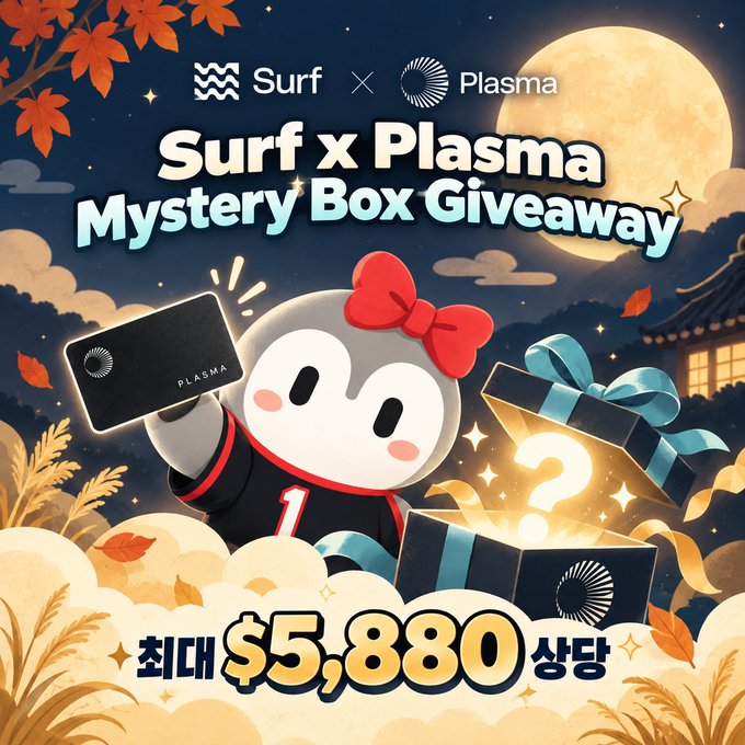 A promotional graphic for the "Surf x Plasma Mystery Box Giveaway" featuring a cute mascot holding a Plasma card and a gift box with a question mark, set against a moonlit autumn night scene, highlighting rewards of up to $5,880 per person including Plasma Core upgrades and Starbucks coffee.