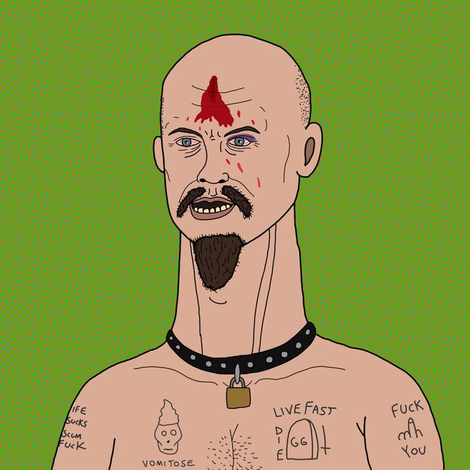 A cartoon portrait of a bald, goateed man with a bleeding forehead and a studded collar, bearing chest tattoos reading "LIFE SUCKS SCUM FUCK," "VOMITOSE," "LIVE FAST DIE" (with a tombstone marked "GG"), and "FUCK OFF YOU"—matching the punkishly misanthropic tone of the post advertising "I Hate People," a 1/1 NFT priced at 100 tezos on objkt.com.