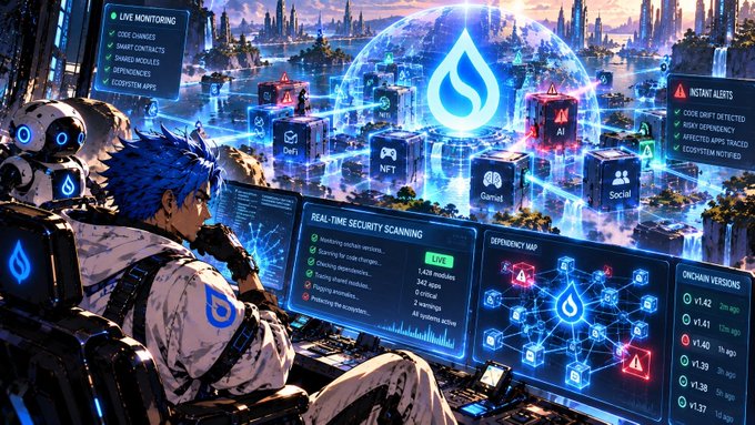 Cyberpunk-style anime artwork showing a character monitoring multiple screens displaying REAL-TIME SECURITY SCANNING, LIVE MONITORING, and DEPENDENCY MAP features with the Sui blockchain logo prominently featured.