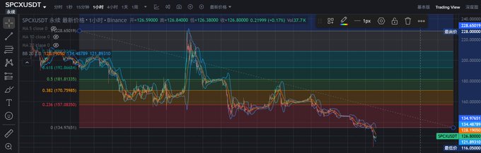 A TradingView chart of SPCXUSDT perpetual futures on Binance, showing a downward price trend from around 228 down to 118 USDT with Fibonacci retracement levels overlaid.