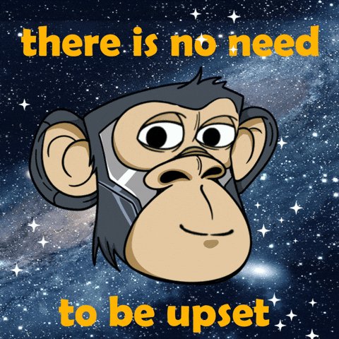 The image features a cartoon monkey with a face and arms, standing in front of a starry sky. The monkey appears to be making a facial expression that can be described as "upset", with eyes squinting or eyes wide open. Below this depiction of the monkey's emotions, there is text reading "There: is no need" and "to be angry".