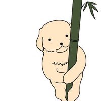 A simple cartoon illustration of a smiling, light-colored dog clinging to a green bamboo stalk.