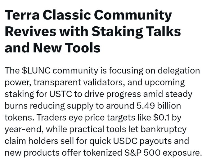 A text-based image titled 'Terra Classic Community Revives with Staking Talks and New Tools,' discussing $LUNC delegation, validator transparency, and USTC staking.