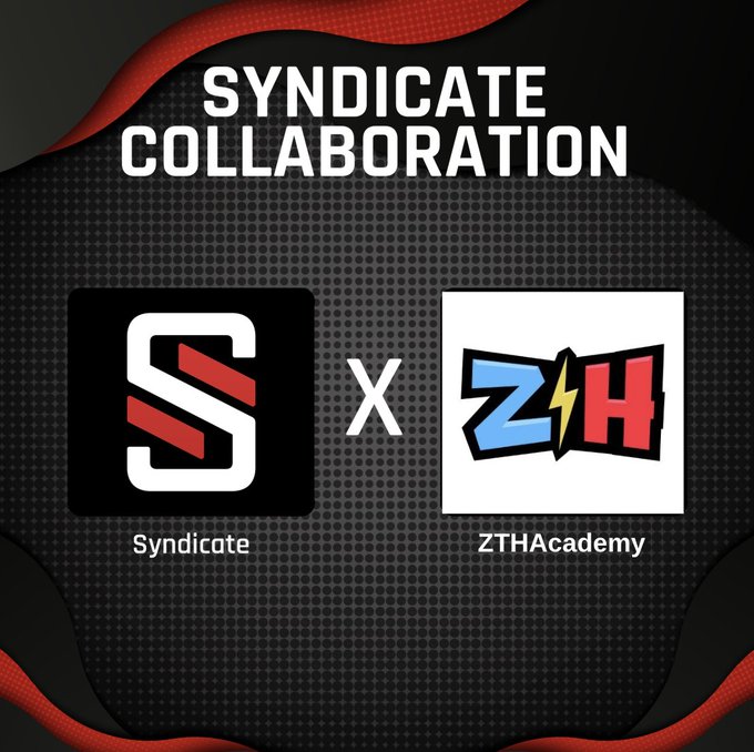 A promotional graphic announcing a 'SYNDICATE COLLABORATION' between Syndicate and ZTHAcademy, with their respective logos displayed on a black and red background.