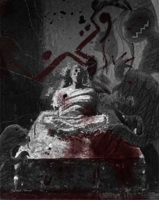 The image features a black and white art piece that depicts a person sitting on a bench with blood dripping from their head, surrounded by a dark background. The painting has an abstract style, which adds to its eerie atmosphere. The artist's signature is visible in the bottom right corner of the artwork. The post also mentions that this piece was created by @MoeinKhatteSiah and is related to the #Tezos project.