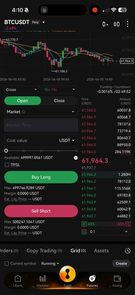 The image shows an iPhone screen displaying a trading app that has a Bitcoin symbol on top left corner. The app is open, and there are several options available for users to choose from. One of these options is to buy long positions with $100,000 at a price of $61.960. Based on the current position in the app, it seems like the user might be considering this trade or has already executed one. The outcome of this trade could potentially impact Bitcoin's value and influence the overall market trends.