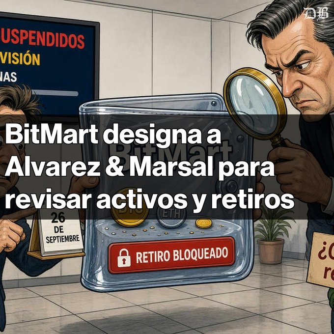 A Spanish-language cartoon illustration with the headline 'BitMart designa a Alvarez & Marsal para revisar activos y retiros,' showing men with a magnifying glass inspecting a transparent box labeled 'RETIRO BLOQUEADO' containing BitMart assets.