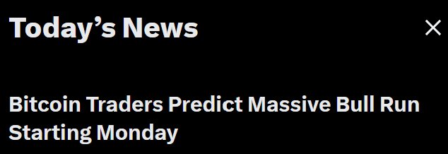 A black news banner with white text reading 'Today's News: Bitcoin Traders Predict Massive Bull Run Starting Monday.'