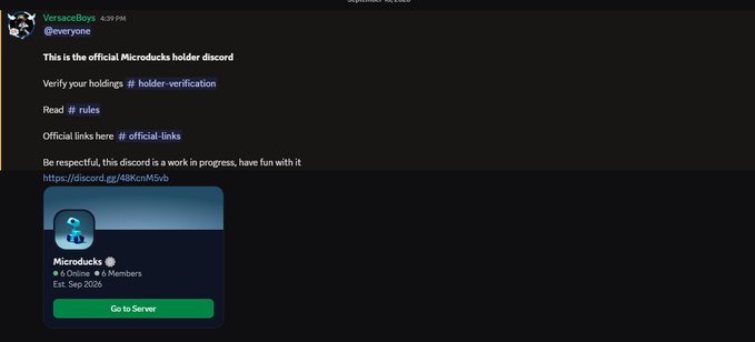 A Discord server page for "Microducks" showing an official holder verification announcement from the user VersaceBoys with a link to a Discord invite.